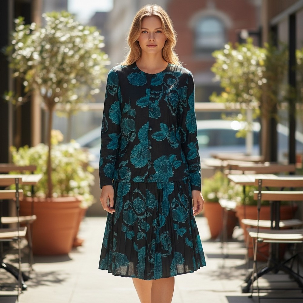 Diversity Petite Vintage 80's 2 Piece Set Teal Black Floral Button Top Skirt 6